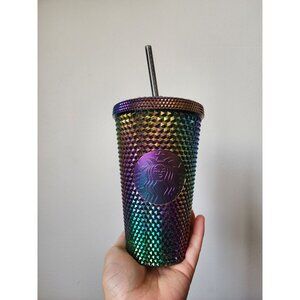 Starbucks black rainbow oil slick studded cold cup 16oz New